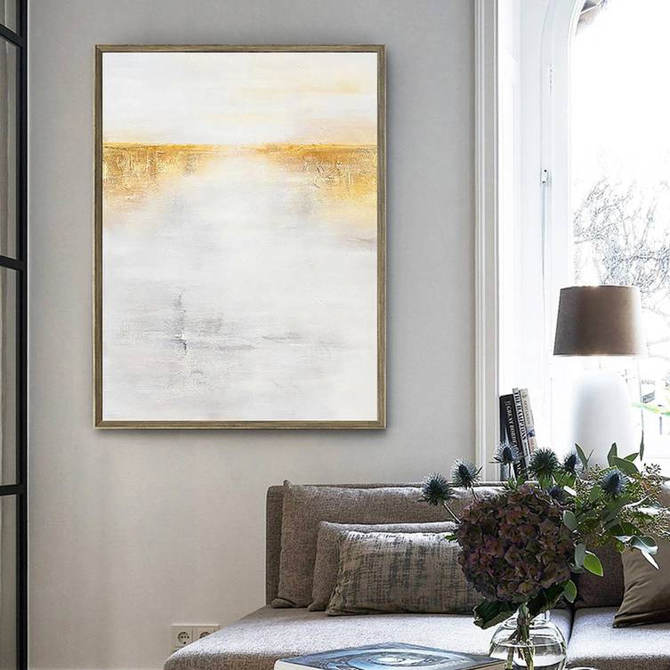 Golden Original Leaf Minimalist Abstract Canvas Artwork KCH7V